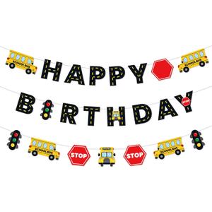 Faisichocalato DIY School Bus Happy Birthday Banner, Birthday Party Garland for Kids Yellow Bus Birthday Party Decorations, Back to School Banner Party Supplies