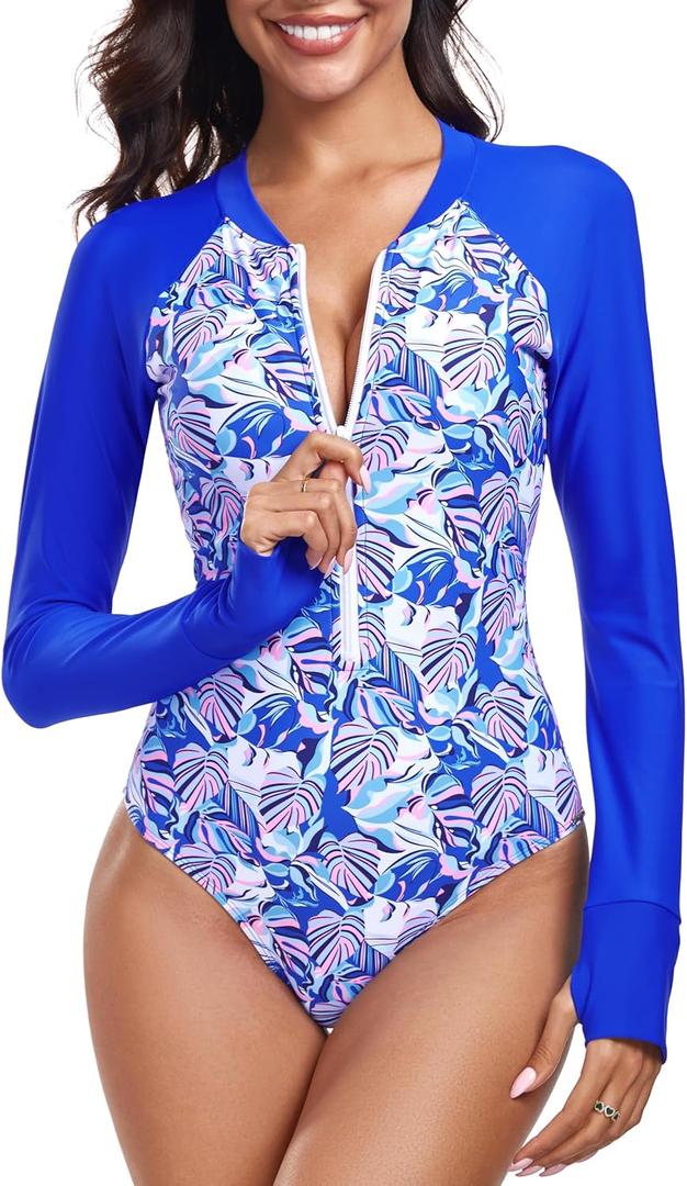 RELLECIGA Women's One Piece Swimsuits Long Sleeve Rash Guard UV Protection Surfing Swimsuit Bathing Suit (Large, Leaf Print+Royal Blue)