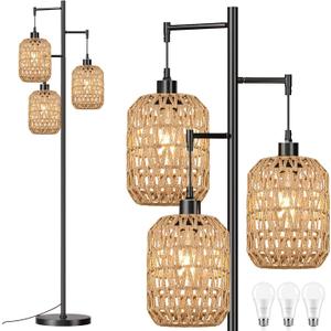 Floor Lamp for Living Room,Bedroom,Boho Rattan Tree 3 Lights Farmhouse Floor Lights,Industrial Black Standing Lamp Wicker Rustic Tall Lamp,Woven Bamboo LampShade Floor Lamps Bohemian