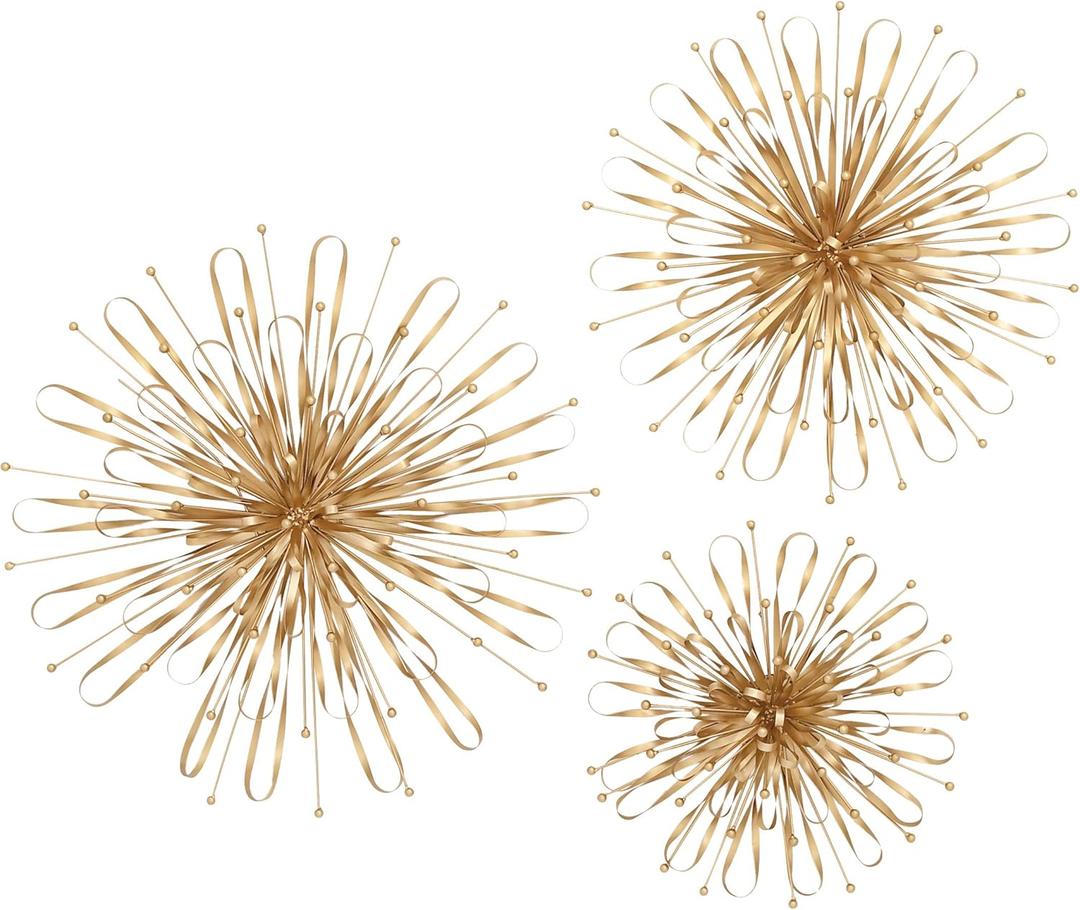 Deco 79 Metal Starburst Home Wall Decor Wall Sculpture with Orb Detailing, Set of 3 Wall Art 16", 20", 24"D, Gold