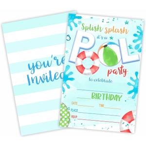 Pool Party Theme Birthday Party Invitation, Party Bash Invite Cards20 Count) With Envelopes, Fill In Style Invite Cards For Boys, Girls, Kids, Birthday Party Supplies-A39 (green white pool)