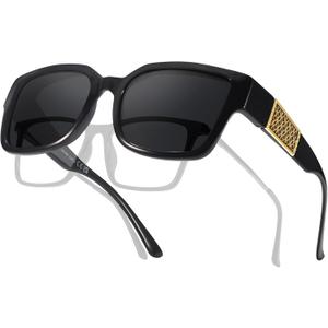 LVIOE Fit Over Glasses Sunglasses Women Men Polarized Oversized Square with UV400 Protection Shades (A01 Black Frame/ Grey Polarized Lenses)