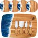 Patelai 9 Pcs Ocean Resin Cutting Board Set with 4 Cheese Knives and 4 Coasters for Wedding Housewarming Gifts, Blue White Wave Pattern Charcuterie Board Kitchen Meal Prep Serving Versatile Cheese