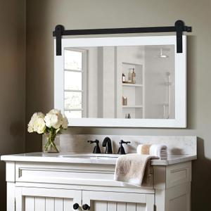 COGOOD Farmhouse Barn Door Mirror - 41" x 26" Rustic Wood Framed Mirror for Bathroom, Living Room, Entryway Wall Decor (Pure White)