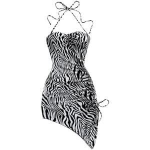 SOLY HUX Women's Zebra Striped Halter Mini Dress Sleeveless Drawstring Split Asymmetrical Hem Bodycon Dresses Size L