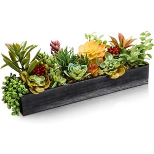 Canlierr Artificial Succulent Arrangement 16 Inch Faux Succulents Plants in Black Rectangular Wooden Pot Faux Potted Plants for Table Centerpiece Window Sill Greenery Decor