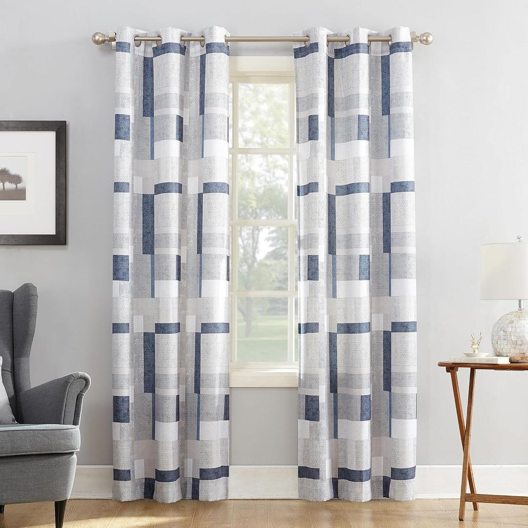 No. 918 Blockade Geometric Blocks Semi-Sheer Grommet Curtain Panel, 40" x 84, Navy