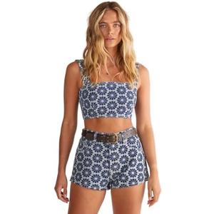 Nasty Gal Women's Denim Floral Embroidered Strappy Crop Top, Size US 6
