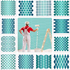 12 Sets Geometric Honeycomb Stencils Painting Art Templates Stencils for Scrapbooking Drawing Tracing DIY Furniture Wall Floor Decor (11.8 x 11.8 Inch)