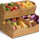 3 Pieces Bamboo Pantry Storage Bins, Stackable Pantry Baskets with Handle, Kitchen Potato and Onion Storage Bin, 2 Tiers Pantry Organizer for Produce, Fruits, Vegetable