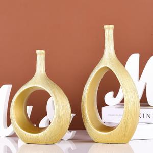 Brushed Gold Ceramic Vase Set 2,Modern Hollow Circle with Hole Flower Vase for Home Decor,for Table Centerpieces,Farmhouse,Fire Place,Living Room,Bedroom,Office,Bookshelf,Rustic Decor
