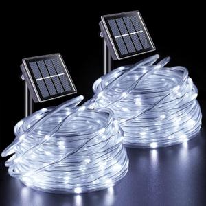 YEGUO Solar Rope Lights Outdoor Waterproof, 2 Packs Each 33ft 100 LED String Lights, 8 Modes Fairy Lights in Clear Thin Tube for Camping Fence Patio Garden Trampoline Deck(White)