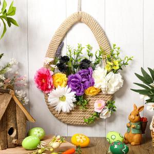 Lineshading Spring Wreath for Front Door Easter Wreath Basket Artificial Floral Hanging Basket with Woven for Easter Holiday Party Farmhouse Window Porch Door Decor
