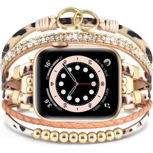 MOFREE Boho Leather Bracelet Compatible with Apple Watch Band 42mm 44mm 45mm Women, Handmade Multilayer Wrap Beaded Jewelry Apple Watch Strap for iWatch Series SE 11 10 9 8 7 6 5 4 3 2 1 Leopard