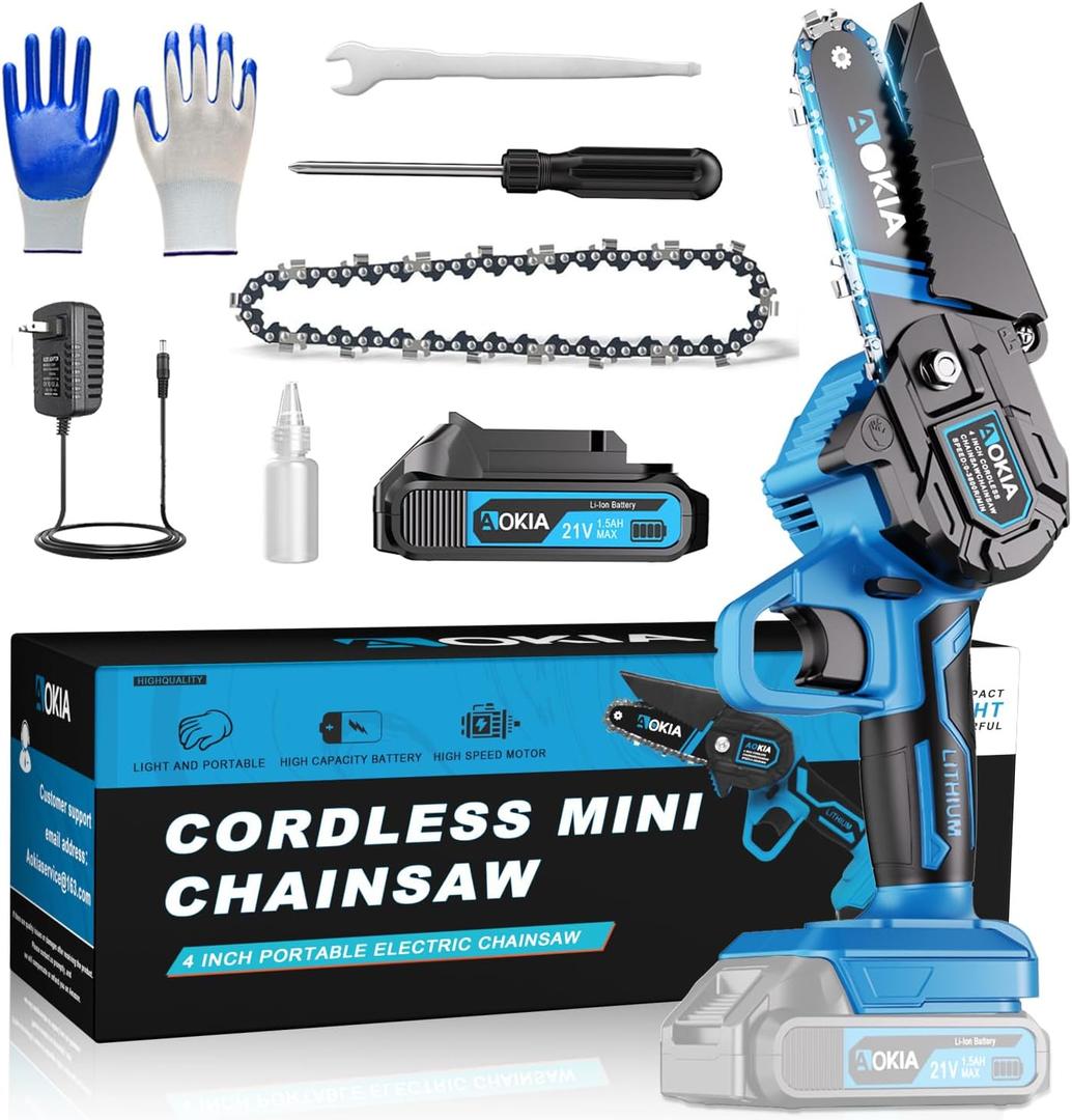 Aokia Mini Chainsaw Cordless, Portable Electric Chain Saw, Small Handheld Chainsaw Battery Powered for Wood Cutting, Tree Trimming, Household and Garden, Gift for Men Dad Husband Women (Blue)