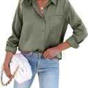 Pausus Satin Button Down Shirts for Women Long Sleeve Slim Fit Office Blouses Casual Business Silk Tops with Pocket (Medium, Army Green)