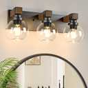 Farmhouse Bathroom Vanity Light Fixtures, 3-Light Wood Bathroom Light Fixtures Over Mirror, Rustic Vanity Lighting with Glass Shade for Living Room, Bedroom, Hallway (Black)