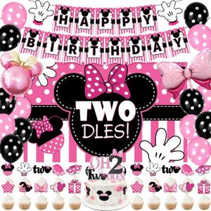 Oh Twodles Birthday Party Supplies Girl, 2nd Birthday Decorations for Girl, 38 Pcs 2 Year Old Bday Decorations, 2nd Pink Bday Decorations