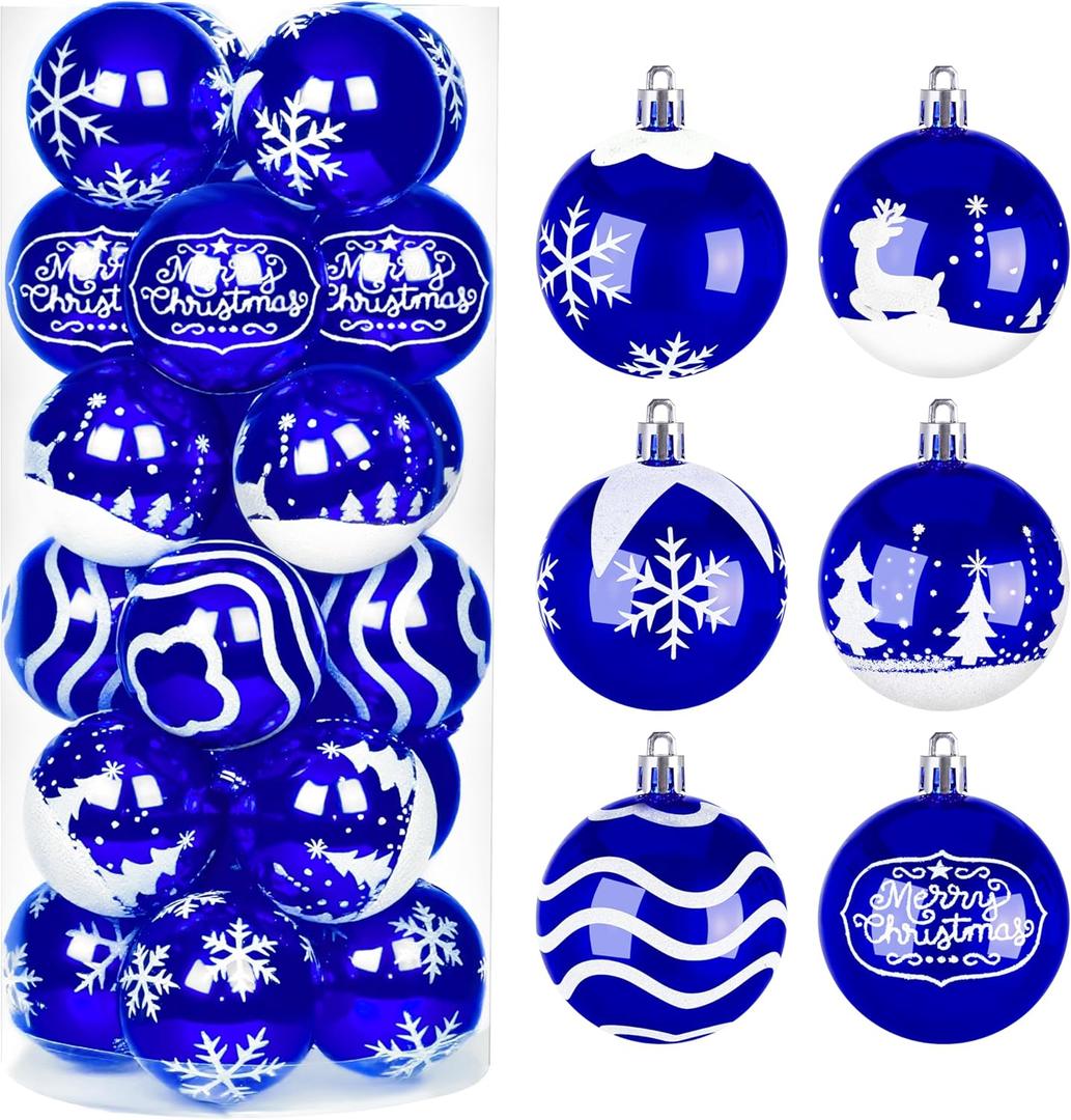 Joiedomi 24 Pcs Christmas Ball Ornaments, Blue & White 2.3 Deluxe Delicate Painting & Glittering Shatterproof Christmas Tree Ornaments for Wreath Garland Holiday Indoor Party
