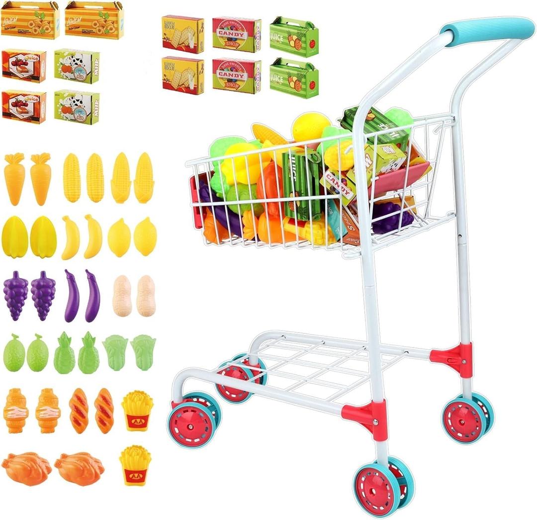 deAO Kids Shopping Cart Trolley with Sturdy Metal Frame for Toddlers 46 PCS Food Fruit Vegetables Pretend Play Food Role Play,Educational Toy Play Kitchen Toys for Boys Girls Kids