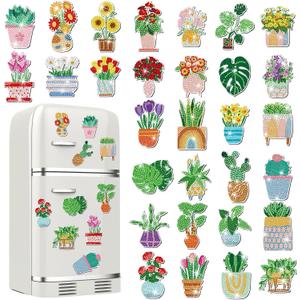 Remuuly 30 Pcs Diamond Painting Magnets Summer Diamond Art Magnet Kits for Adults Spring Flower Animal Cupcake 5D Rhinestones Refrigerator Magnetic Stickers for Fridge DIY Crafts (Spring) (Potted Plant)