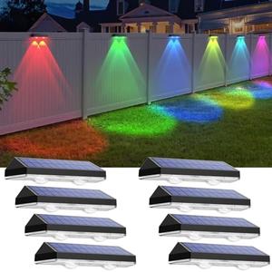 Solar Fence Lights Outdoor - Warm White & RGB 2 Color, Dusk to Dawn Deck Light, IP65 Waterproof Garden Lights for Outside/Backyard/Railing/Step/Patio/Wall (2 pack)