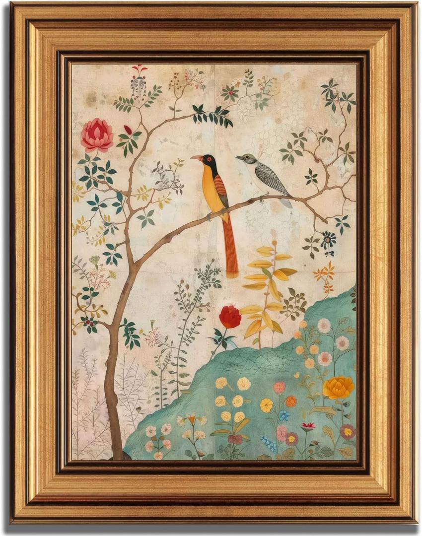 Gold Framed Vintage Floral Bird Canvas Wall Art Boho Plant Flower Sparrow Painting Decor Pictures Beige Medieval Nature Aesthetic Bedroom Living Posters Prints for Corridor Kitchen Room Decoration