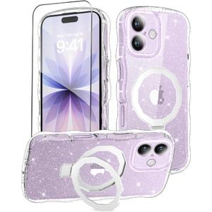 MIODIK Compatible with iPhone 17 Case with Screen Protector, Built-in Seamless Stand and Upgraded Camera Protection, [Compatible with MagSafe] Clear Glitter Wavy Phone Case for 6.3" - Clear Kickstand