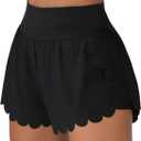 ATTRACO Women Swim Shorts Side Split Swim Trunk 2 in 1 Board Shorts with Pockets Swim Bottom (Small, Black(scallop))