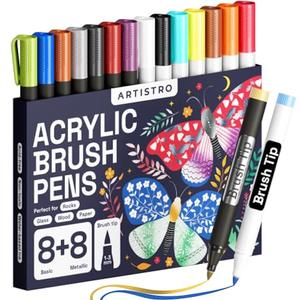 Acrylic Paint Pens Brush Tip, 8 Metallic & 8 Basic Colors Acrylic Paint Markers. Calligraphy Brush Set for Rock Painting, Scrapbooking, Sumi Brush, Lettering, Card Making, Sketching, Black Paper, DIY 7 MISSING Pack Of 9