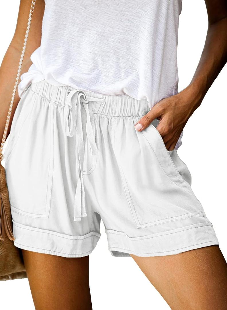 Acelitt 2024 Summer Fashion Casual Shorts Comfy Trendy Drawstring Elastic Waist Beach Linen (White, M)