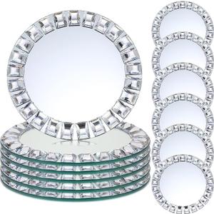 12 Pcs 12 Pcs Silver Mirrored Glass Charger Plates 13", Square Diamond Rim
Round Mirror for Wedding Dinner Tables Decoration, Crystal Diamond Edge Settings for Birthday Halloween Christmas Party Event