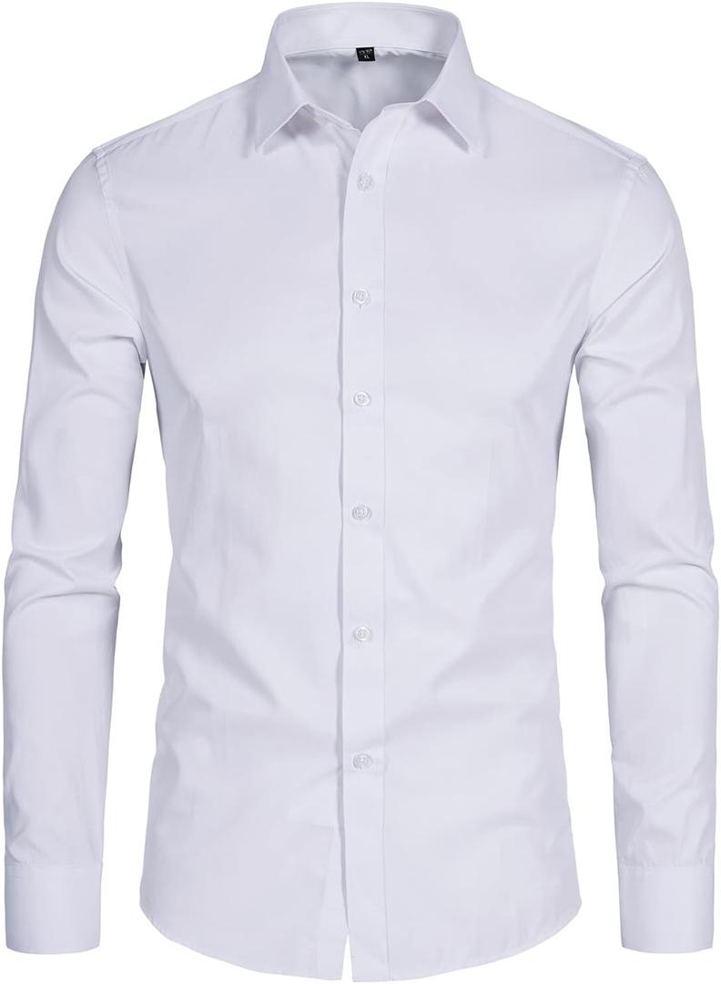 Men's Long Sleeve Button Up Shirts Solid Slim Fit Casual Business Formal Dress Shirt (3X-Large, White)