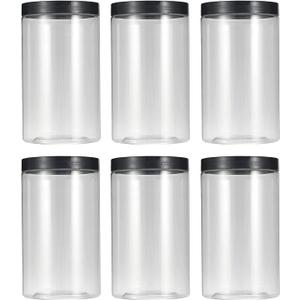 43oz (1280 ml) Clear Plastic Jars with Smooth Black Lids and Labels (6 Pack), Wide Mouth, BPA Free, PET Jars Bulk for Home & Kitchen Pantry Organization and Storage (Black)