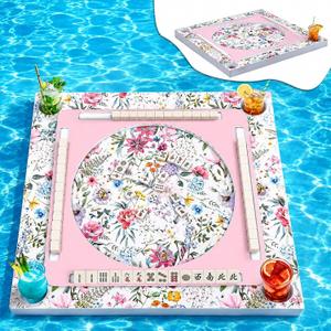 75 x 75 cm Floating Mahjong Table for Pool, EVA Water Game Board with Tile Slots and Drink Holder for Card, Dominoes, Poker, Adult, Summer and Beach Party(Bloom), 29.5 x 29.5 inches
