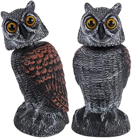 Hausse 2 Pack Fake Owl Decoys to Scare Birds Away, Rotating Head Plastic Owl Bird Deterrents, 10.6 Inch Height Bird Scarecrow Nature Enemy Horned Pest Repellent for Outdoor Garden Yard