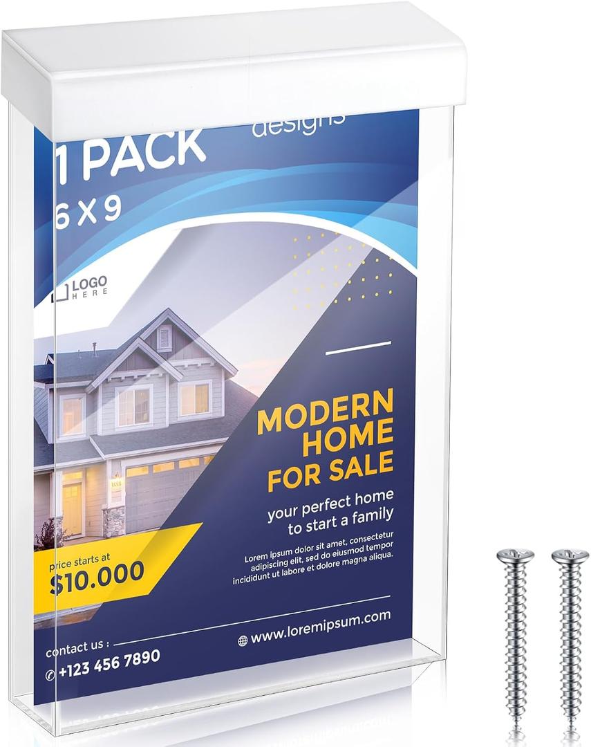 Thyle 6 x 9 Inch Outdoor Brochure Holder with Lid Acrylic Wall Mount Literature Box with Self Closing Lid Waterproof Clear Heavy Duty with Screws for Flyer Document Pamphlet Display (White)