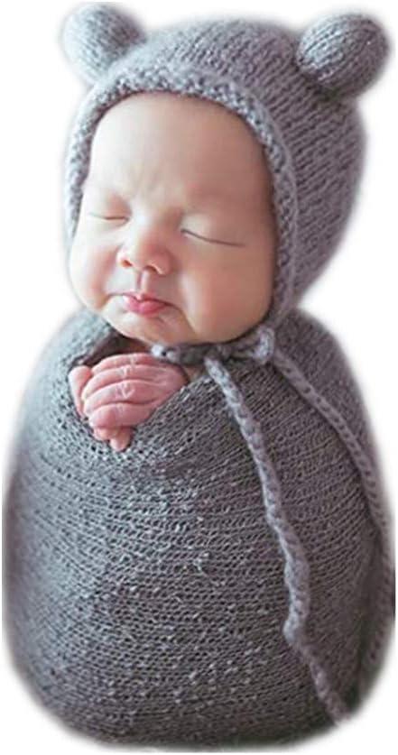 Newborn Photography Props Girls Boys Fabric Bonnet Hat Cap & Wrap Blanket Basket Stuffer Photo Shoot Prop Set (Gray)