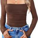 Avidlove Women's Square Neck Mesh Long Sleeve Bodysuit Shirts Ruched Body Suit Sexy Sheer Tops Date Night Outfit (XL, Brown) 