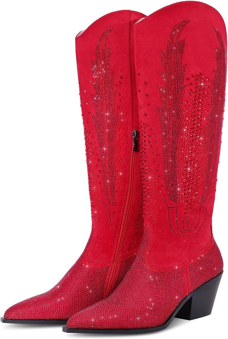 Knee High Cowboy Boots for Women Cowgirl Western Boots Rhinestone Bling Pointed Toe Chunky Heel Pull On Fashion Shoes Tall Black Boot (6)