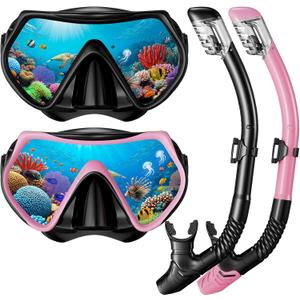 Snorkel Mask Set, Dry-Top Snorkel Set Scuba Diving Mask, 180 Panoramic Wide View, Professional Breathing Freely Snorkeling Gear Kit with Nose Cover for Snorkeling Swimming, Travel (Adults)