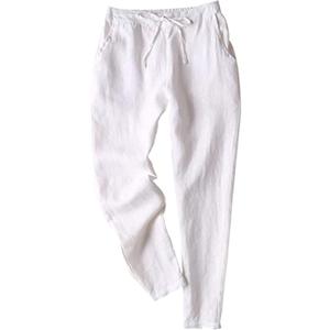 Tanming Linen Pants for Women Summer Casual High Waisted Drawstring White Beach Pant (X-Large)
