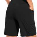 Blouty Women's 7" Bermuda Shorts with Pockets High Waisted Stretch Athletic Long Shorts for Women Workout Casual (Black, L)