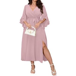 Womens Plus Size Dress Wedding Guest Cocktail Ruffle Half Sleeve Wrap V Neck Slit A Line Maxi Dresses with Belt (Dustypink, XXL)