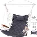 Hammock Chair Hanging Swing with Wooden Armrests;Steel Spreader Bar,Pillows,Hardware kit Included;Cotton Woven Fabric;Up to 350 Lbs,for Indoor or Outdoor (Dark Grey)