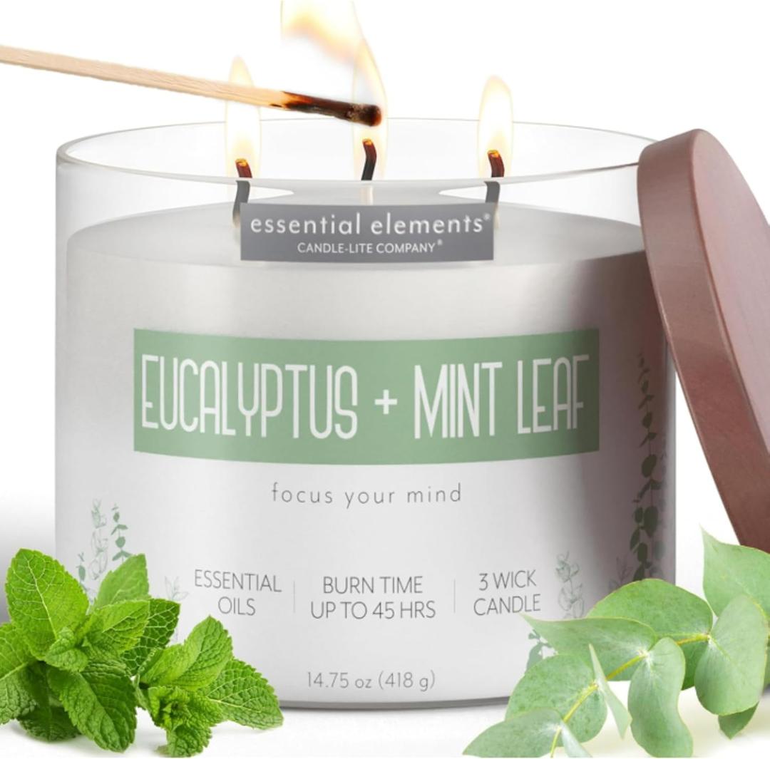 Candle-lite Essential Elements Scented Candles, Eucalyptus & Mint Leaf, 14.75 oz Jar, Proudly Poured in The USA, Aromatherapy, 3-Wick with 45 Hours Burn Time, Perfect for Creating a Relaxing Ambiance