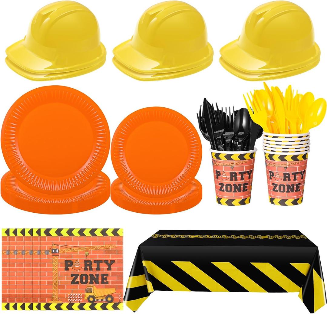 Sratte 37 Pcs Construction Birthday Party Supplies Set for 6 Guests, Disposable Kids Construction Party Tableware Supplies Set, Including Hat, Plates, Napkin, Tablecloths, Cup, Knives Fork and Spoon