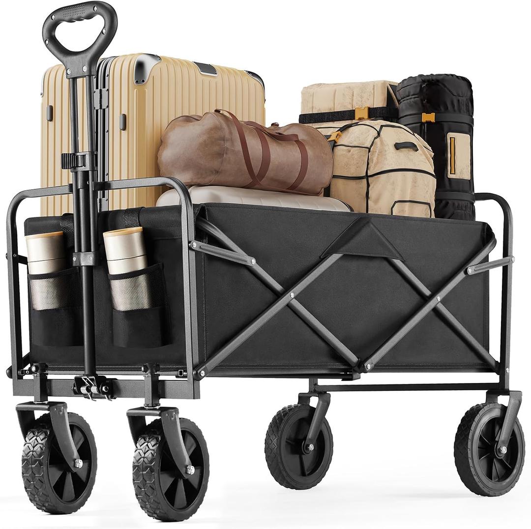 DUMOS Foldable Wagons Carts with All-Terrain Wheels, 120L & 360LBS Portable Garden Wagon Large Capacity Utility Cart with Drink Holders, Heavy Duty Collapsible for Sand, Beach, Gardening (30IN Black)