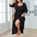 SHESTARR Women's Plus Size Casual Dresses Square Neck Button Up Smocked 3/4 Puff Sleeve Empire Wasit A-line Flowy Midi Dress (Black, XXL)