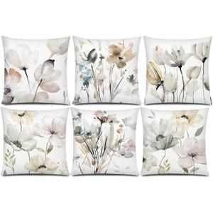COMMINY Brown White Grey Pillow Covers 18x18 Set of 6 Flower Throw Pillow Cover for Couch Modern Decorative Watercolor Floral Cushion Cover for Sofa Bedroom Living Room Farmhouse Home Decor